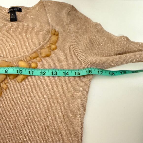 August Silk Bejeweled Neck Metallic Ribbed Sweater Size Med Shimmer Glam Sparkle - Picture 7 of 10